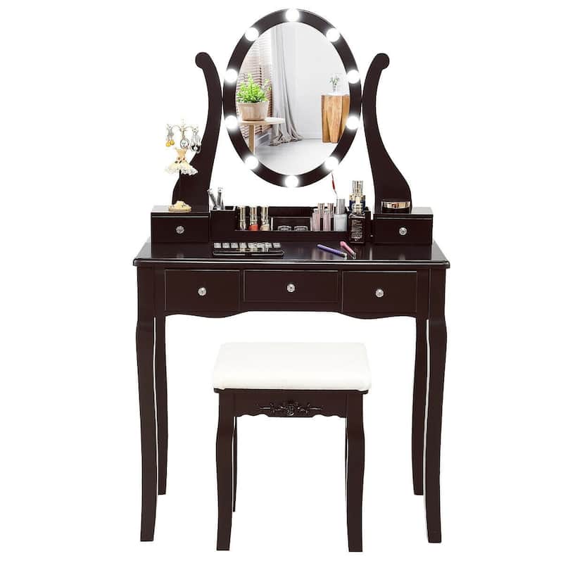 10 Dimmable Lights Vanity Table Set with Lighted Mirror and Cushioned Stool-Coffee - 31.5" x 16" x 54" (L x W x H)