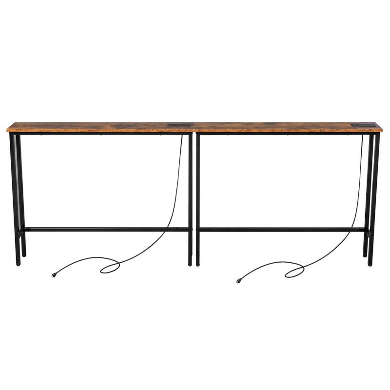 Metal Console Sofa Tables with Built-In USB and AC Ports Pack of 2 - 78.7 x 5.9 x 31.1 in - Rustic Brown