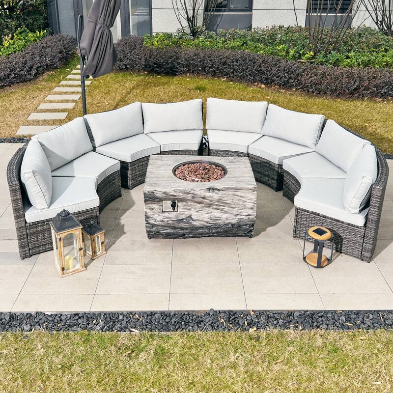 8-Seat Modular Outdoor PE Rattan Sofa Set with Multifunctional Terrafab Composite Fire Pit Table