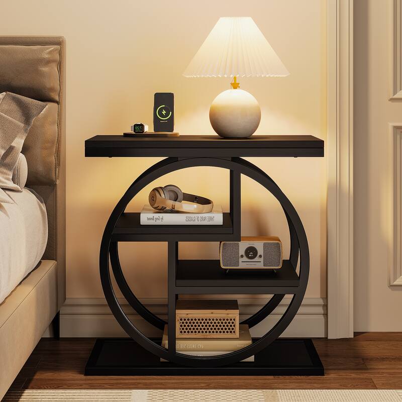 Industrial 4-tier Wood Narrow Side End Table with Storage Shelves
