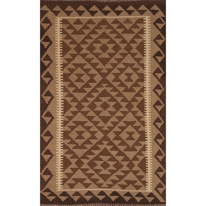 Brown Kilim Reversible Area Rug Flat-weave Wool Foyer Carpet - 3'2" x 5'3"