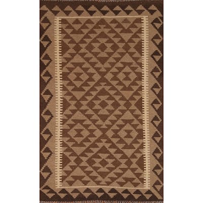 Brown Kilim Reversible Area Rug Flat-weave Wool Foyer Carpet - 3'2" x 5'3"