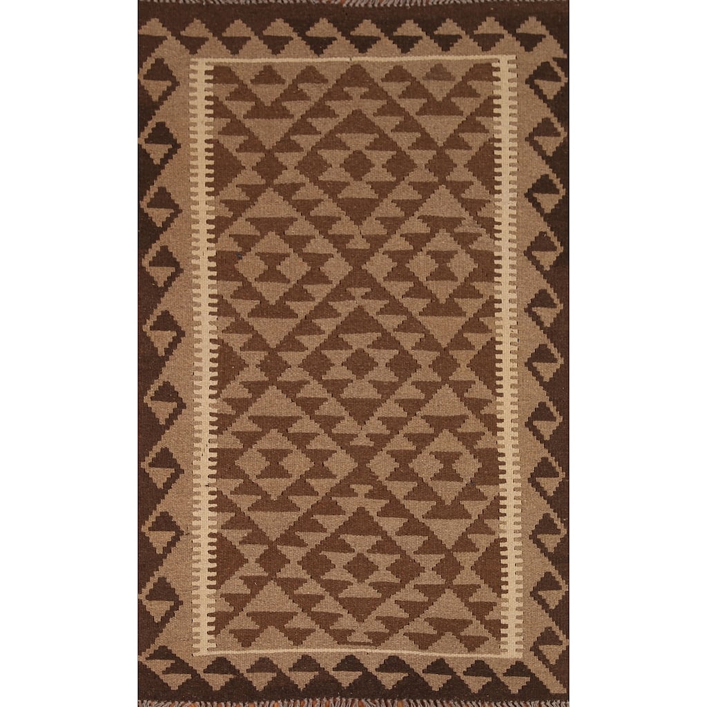 Brown Kilim Reversible Area Rug Flat-weave Wool Foyer Carpet - 3'2" x 5'3"