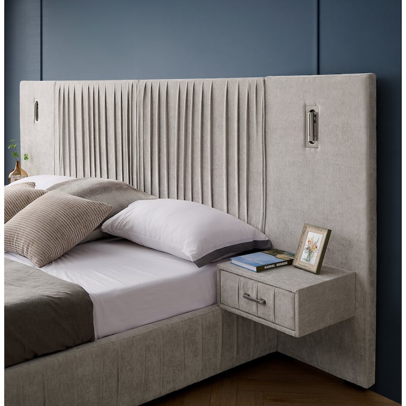 King Size Upholstered Chenille Grounded Bed with Headboard and Solid Frame