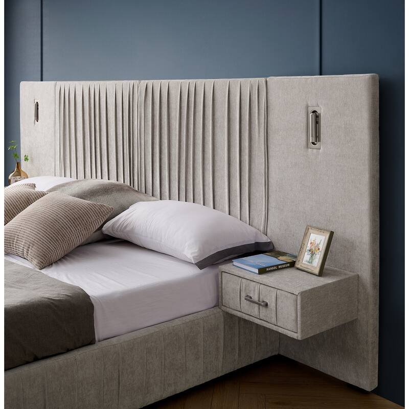 King Upholstered Platform Bed with Pleated Chenille Headboard, Built-in Bedside Table & Adjustable Lamps, No Box Spring