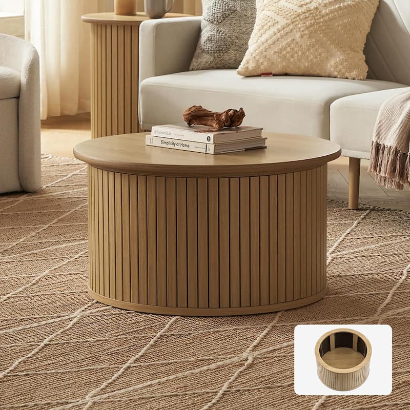 mopio Quin Round Fluted Coffee Table, Tambour Circle Living Room Table - Oak