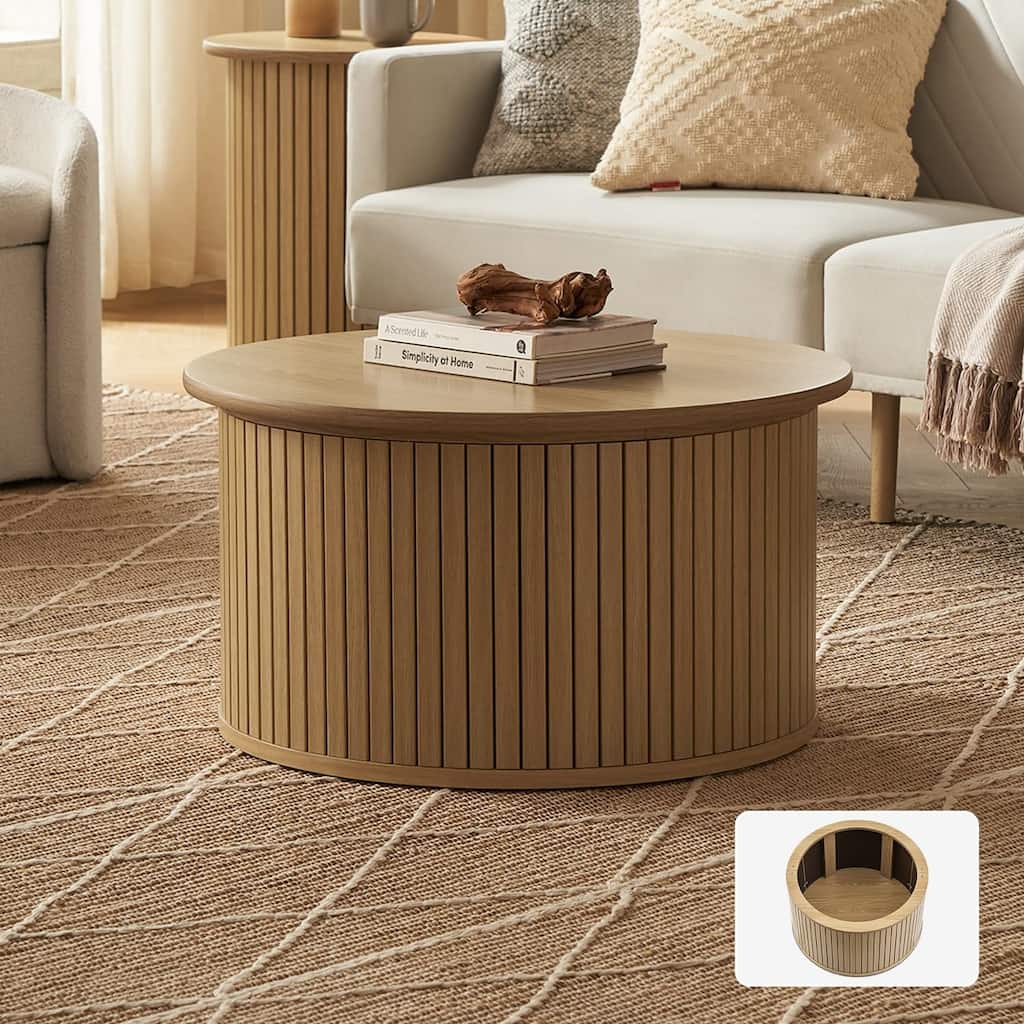 mopio Quin Round Fluted Coffee Table, Tambour Circle Living Room Table