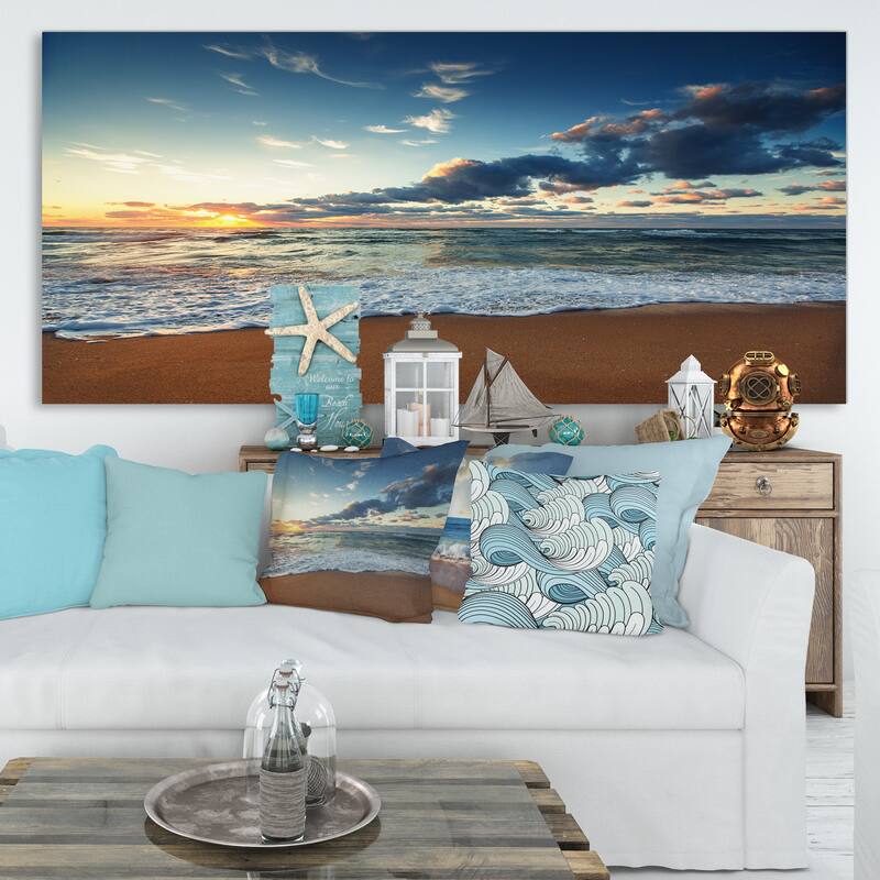 Sunrise and Glowing Waves in Ocean - Seashore Canvas Wall Art - 60 in. wide x 28 in. high