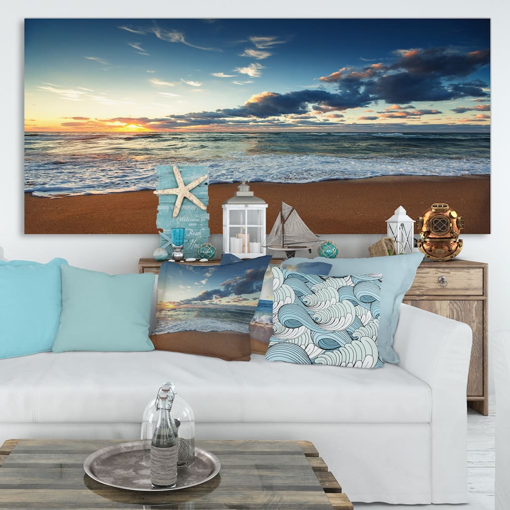 Sunrise and Glowing Waves in Ocean - Seashore Canvas Wall Art
