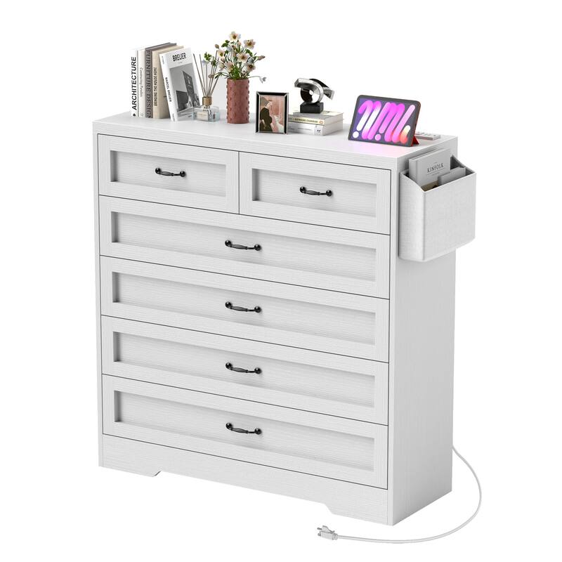 Vintage Double Dresser Chest of Drawers with Charging Station and Side Organizer Bag - White - 6-drawer