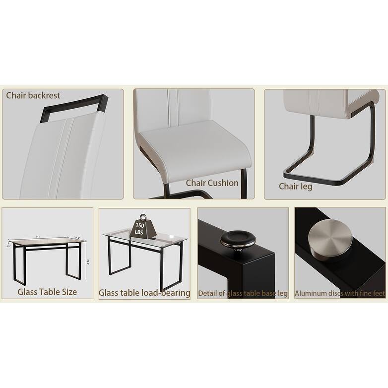 5-Piece Modern Glass Dining Table Set with 4 PU Upholstered Chairs