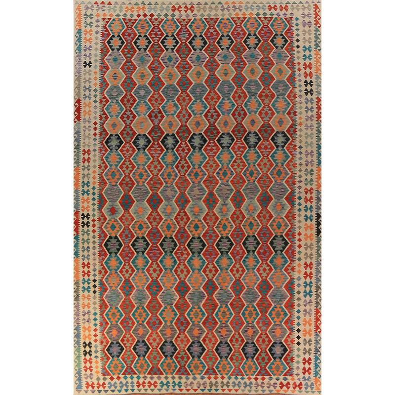 Geometric Kilim Oriental Large Rug Hand-Woven Tribal Wool Carpet - 10'6"x 16'3"