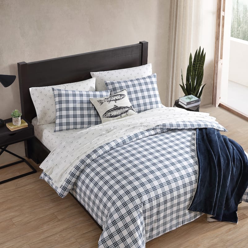 Eddie Bauer Basic Plaid Navy Cotton Percale Duvet Cover Set
