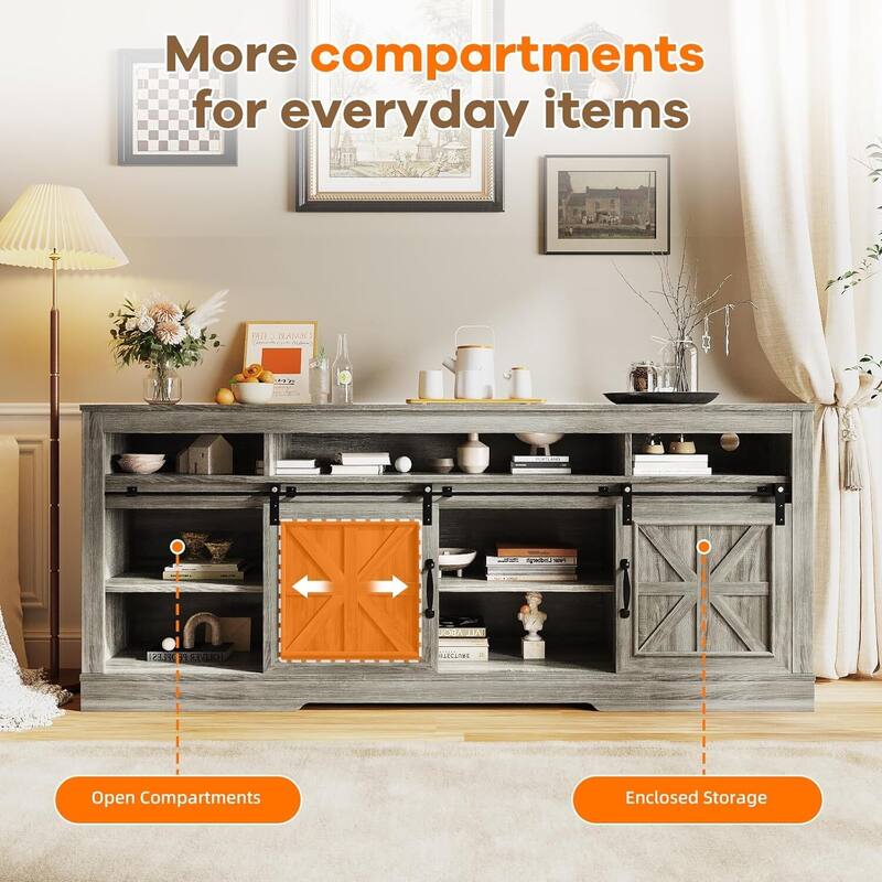 66" Farmhouse TV Stands, Entertainment Center with Open Storage, Power Outlets - N/A