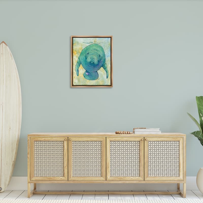 Stupell Green Manatee Underwater Framed Floater Canvas Wall Art Design by Steve Vanderbosch