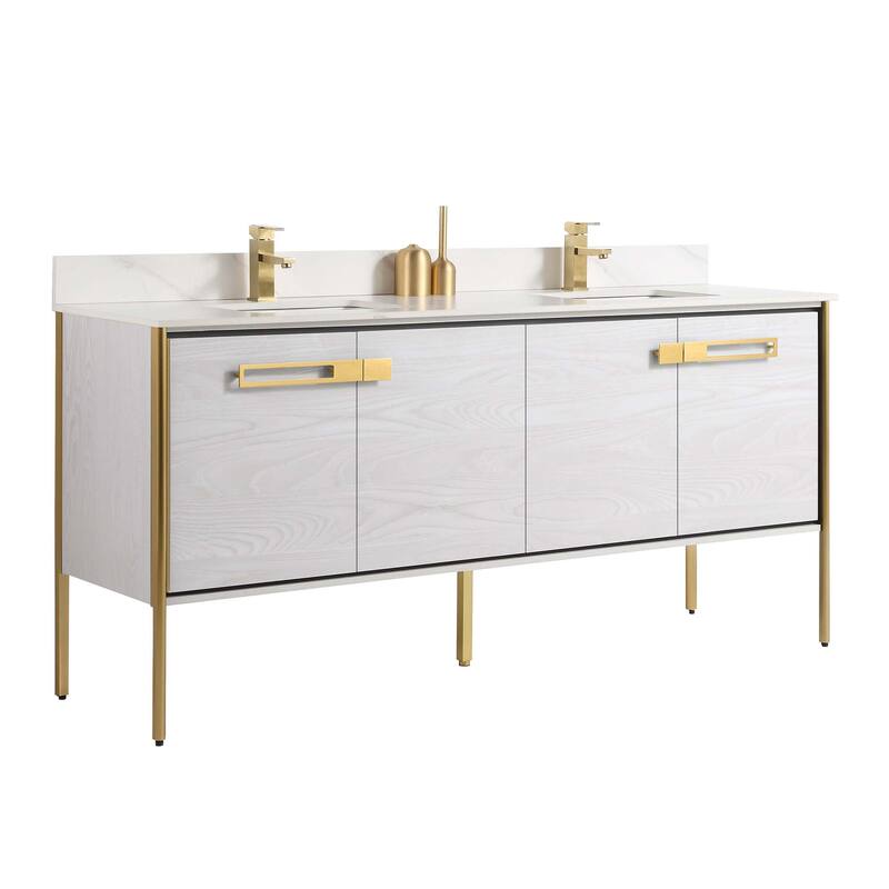 Fine Fixtures Oakville Bathroom Vanity with White Ceramic Sink - 72 Inch - Mild Grey Oak - Satin Brass Hardware