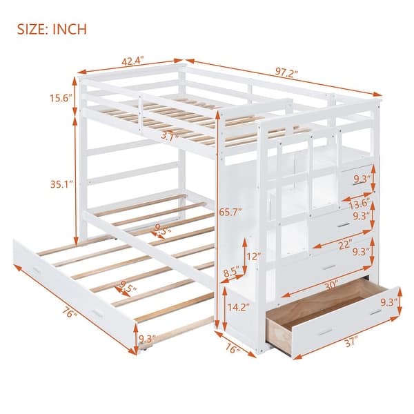 Twin Over Twin Bunk Bed with Trundle, Wooden Bed with Staircase and 4 Storage Drawers, Kid's Bed with Guardrail, White