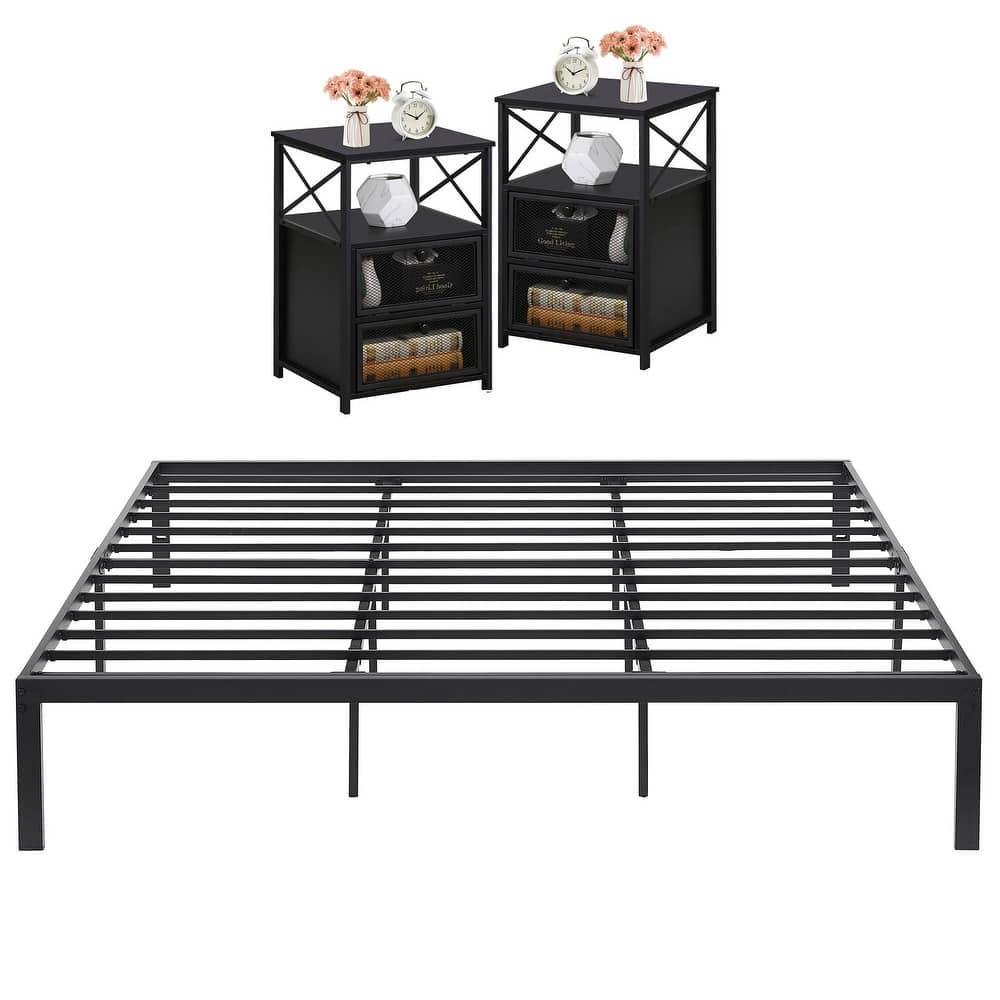 3 Piece Bedroom Set, 14.2-Inch Metal Bed Frame with Nightstand set of 2