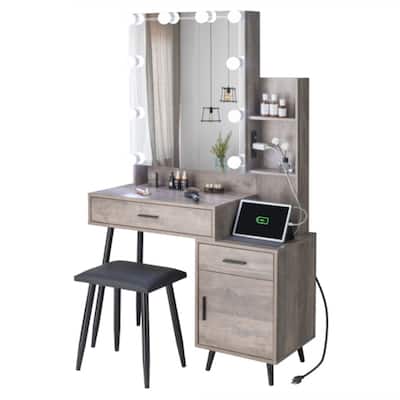 Vanity Set with 3 Light Bulbs, Mirror Cabinet, and Storage - 43.3 x 15.7 x 63