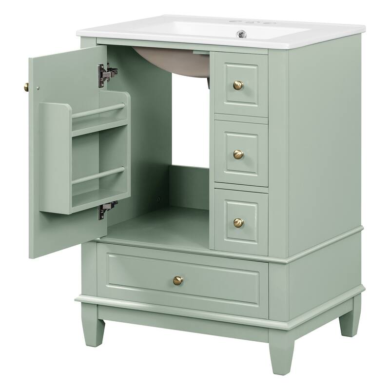 Roomfitters 24" Bathroom Vanity with Sink, Solid Wood Frame, 3 Drawers & Side Cabinet with Door Racks