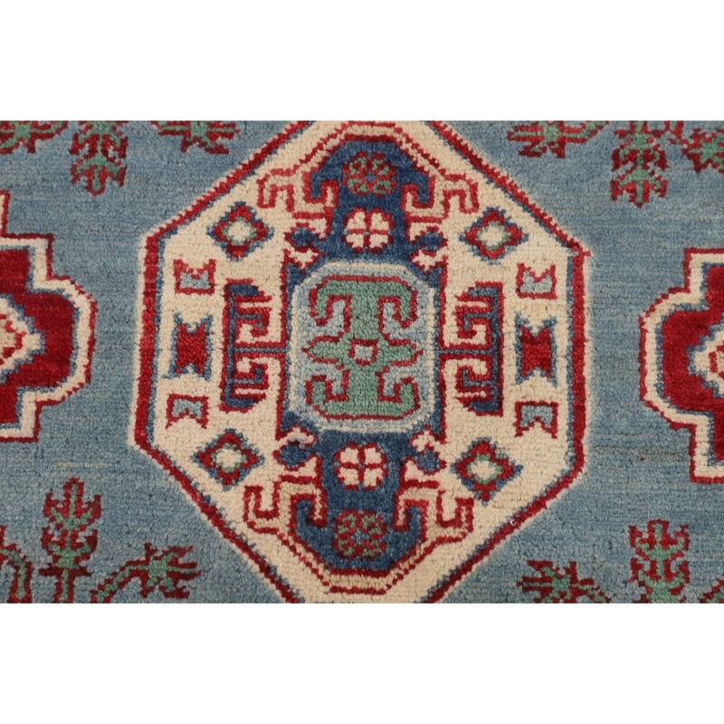 Light Blue Geometric Kazak Rug Hand-Knotted Oriental Wool Carpet - 4'11" x 6'8"