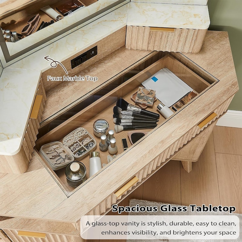 Modern Fluted Makeup Vanity Desk with 3 Way Mirror&Light, Vanity Table