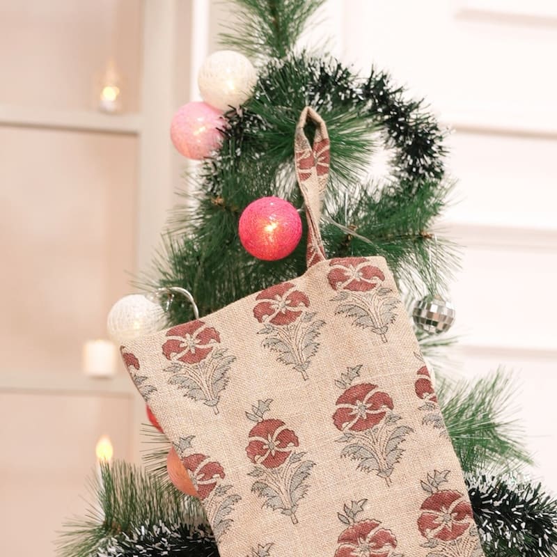 Fabdivine Handmade Christmas Stocking Floral Block Print 10X4.5 Inch Tassel Loop for Home Décor - 10"X4.5" - Mor Mukut- Brown, Grey - Christmas Stockings