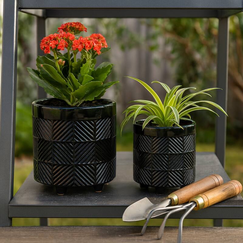 Ceramic Textured Footed Planters Set of 2 - 6" - 8" - Black - 8.0"