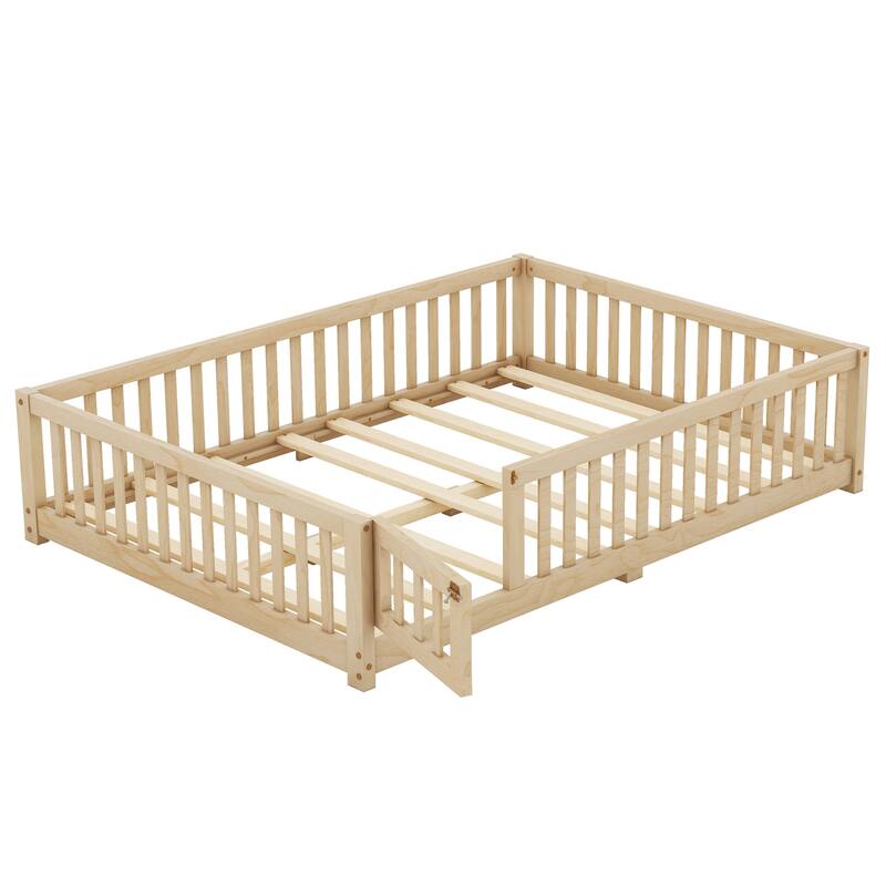 Full Size Pine Wood Floor Bed with Safety Guardrails and Door