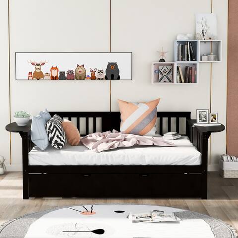 Dual-use Full Sofabed Daybed with 1 Twin Trundle, Rails and 2 Extra Connected Small Coffee Table Shelf, Espresso
