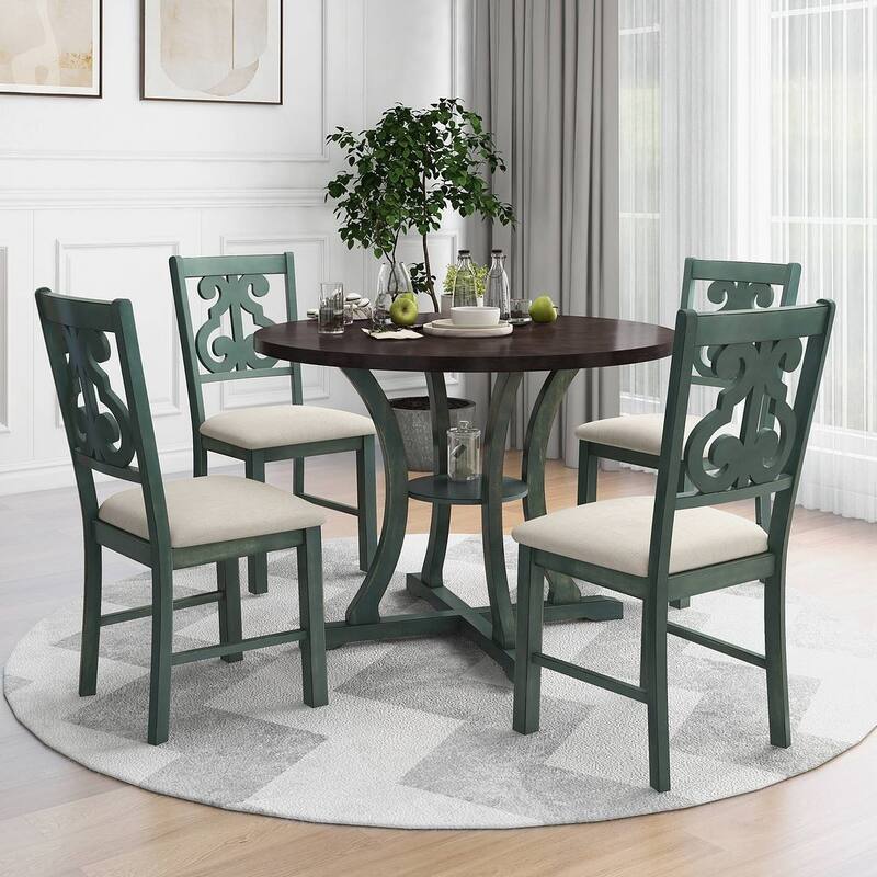 Round Dining Table Set for 4 - 42" Round Dining Table and 4 Decorative Back Upholstered Chairs