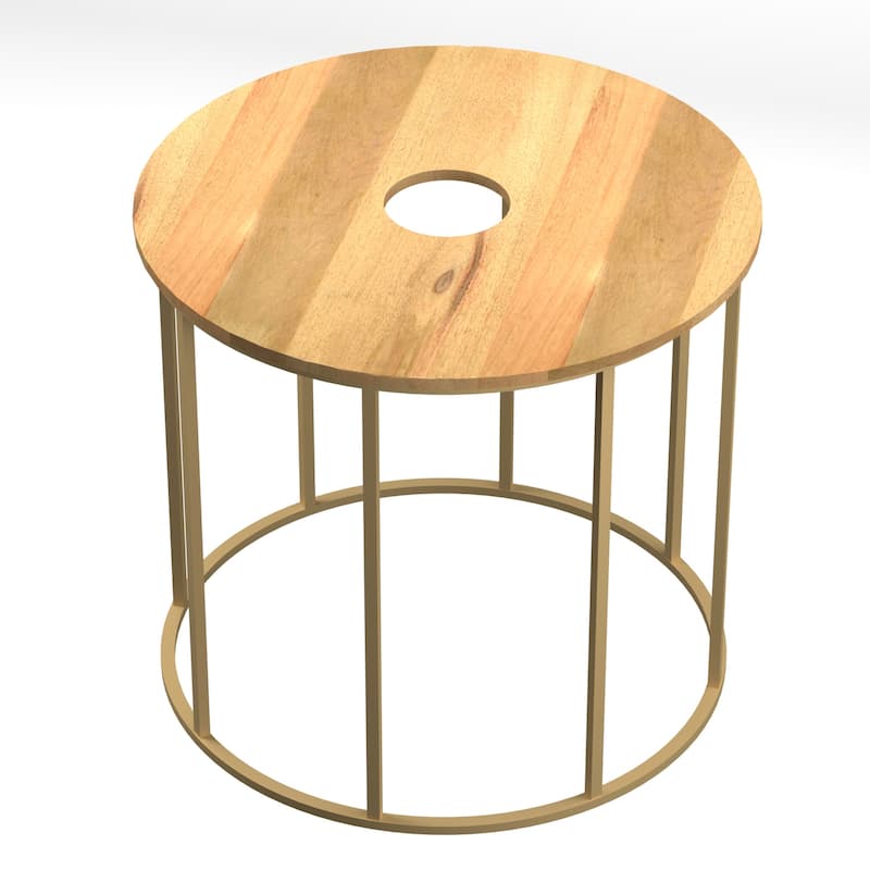 19 in. Brown and Brass Round Wood End Table, Sturdy Build End Side Table for Living Rooms