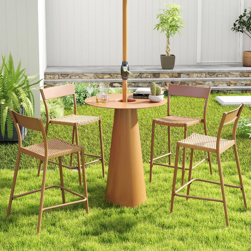 Gymax 4PCS Patio Barstools Outdoor Bar Height Chairs w/ Rattan Seat &