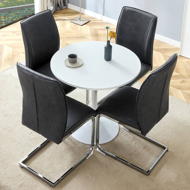 Modern 5-Piece Dining Set, 31.9" Small Kitchen Round Dining Table with 4 Leather Dining Chairs, for Living Room, Dining Room