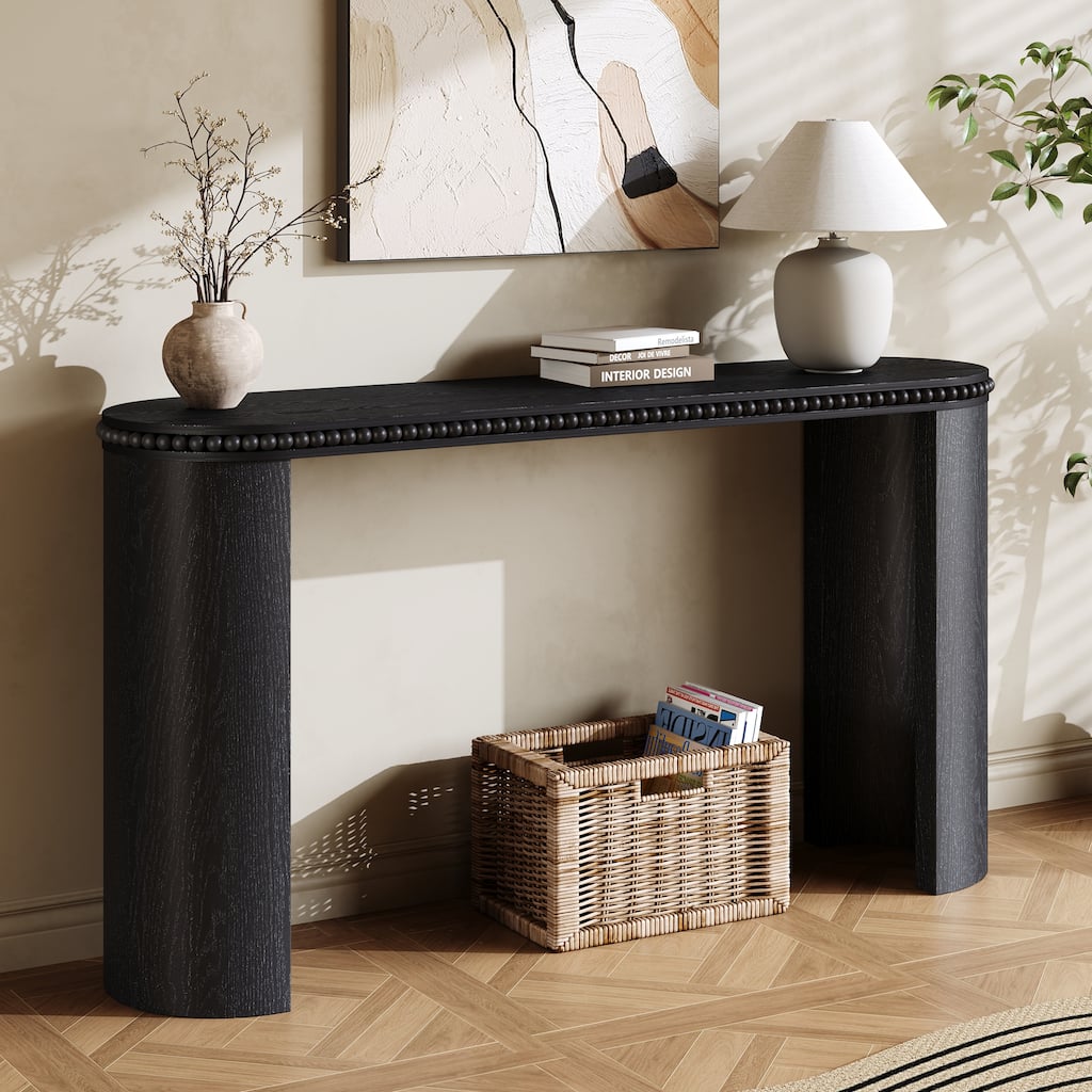 Vintage 59" Oval Console Table, Wooden Living Room Entryway Accent Table with Beaded Trim and Reversible Curved Legs