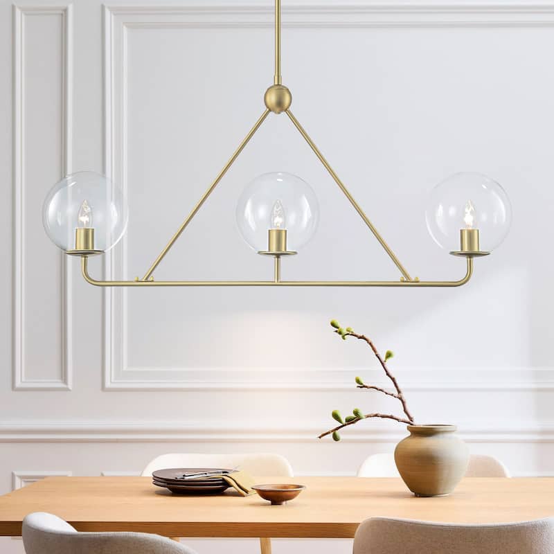 3-Light Modern Vintage Brushed Gold Linear Clear Glass Globe Bubble Pendant Light for Dining Room - 39.37 in. W x 17.52 in. H x 7.09 in. D - Gold