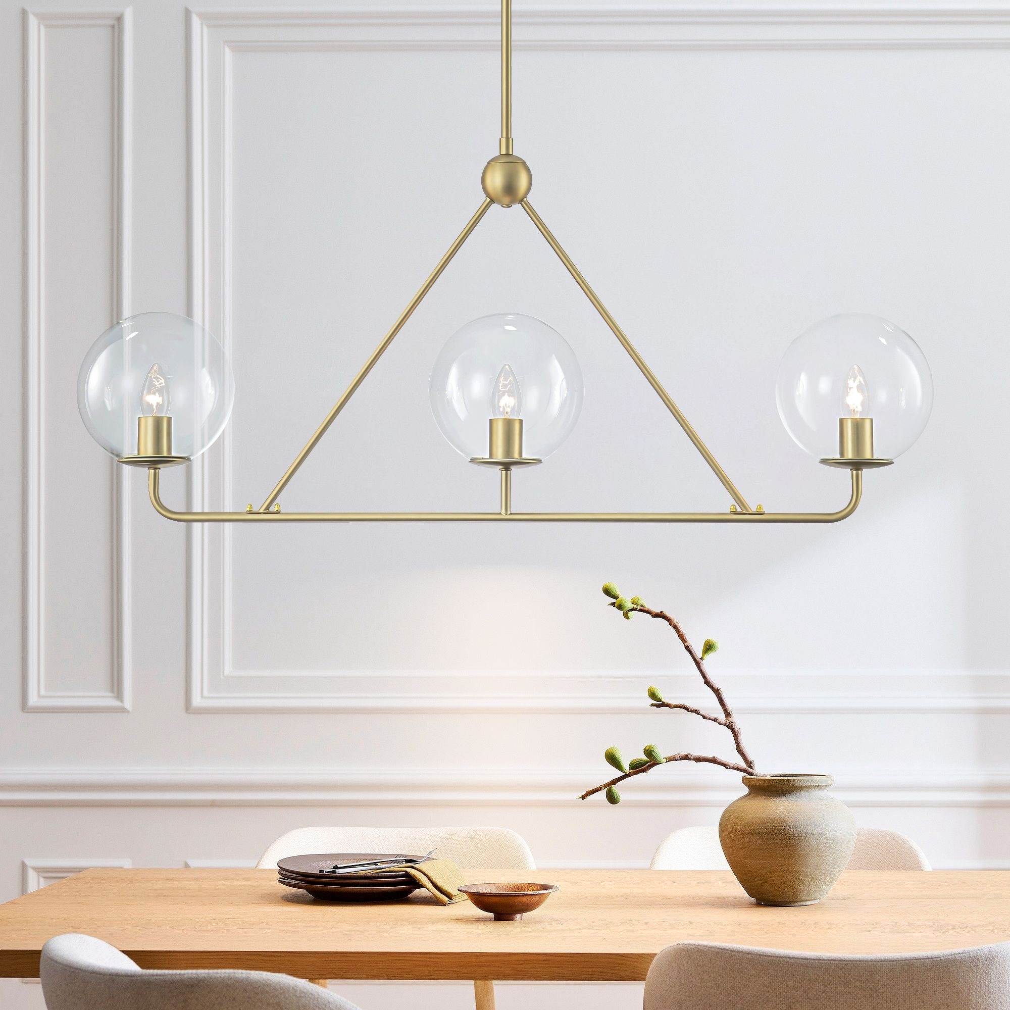 Rennnsan 3-Light Modern Vintage Brushed Gold Linear Clear Glass Globe Bubble Pendant Light for Dining Room