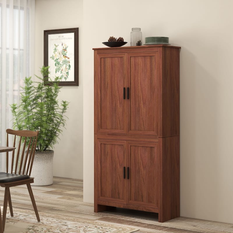 HOMCOM 64" 4-Door Kitchen Pantry, Freestanding Storage Cabinet with 3 Adjustable Shelves for Kitchen - Brown