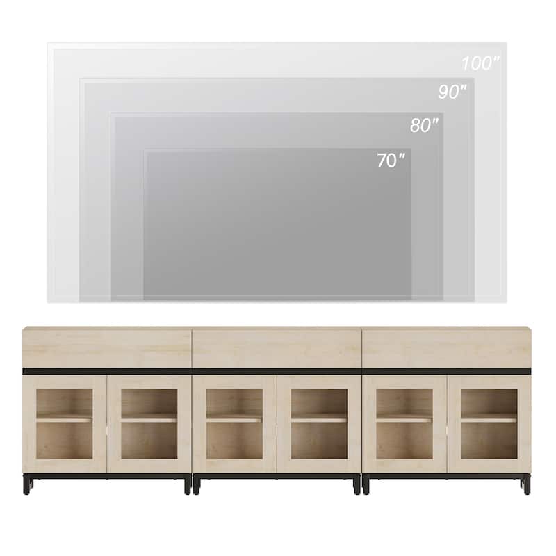 WAMPAT Modern TV Stand with Glass Doors for 110 inch TVs, Entertainment Center Console with 3 Drawers and Metal Base