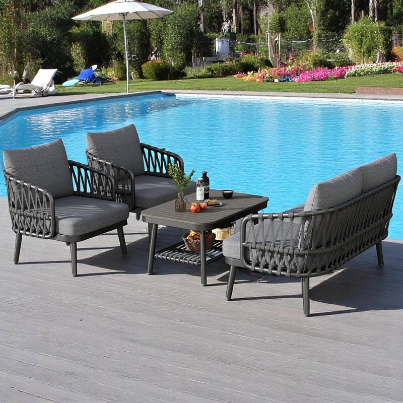 4-Piece Outdoor Conversation Set with Woven Rope U-Shaped Backrest, Acacia Wood Coffee Table, Water-Repellent Cushions