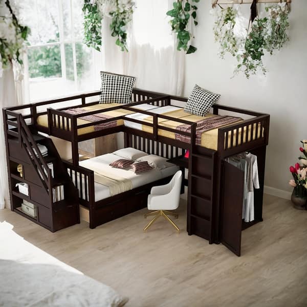 slide 2 of 20, Twin-Twin over Full L-Shaped Bunk Bed With 3 Drawers,Desk,Wardrobe