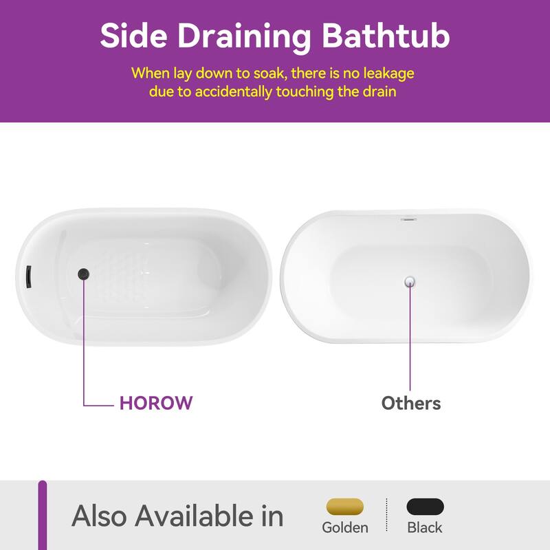 HOROW 47 x 26.8 Inch Soaking Bathtub with Side Drain White with Matte Black Trim