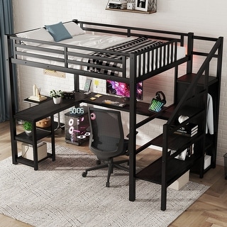 Black Metal Loft Bed Frame with Staircase Built-in Wardrobe, Light Strip, Underbed L Shaped Desk, Shelves and Charging Station