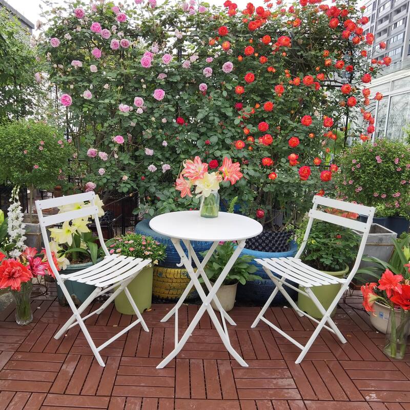 Patio Foldable Table Chairs Set with 2 Chairs & Round Table, Set of 3 - White