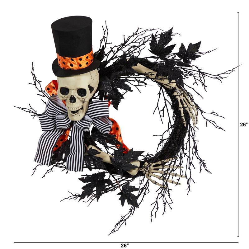 Dapper Skeleton with Ribbon Artificial Halloween Wreath, 26-Inch, Unlit