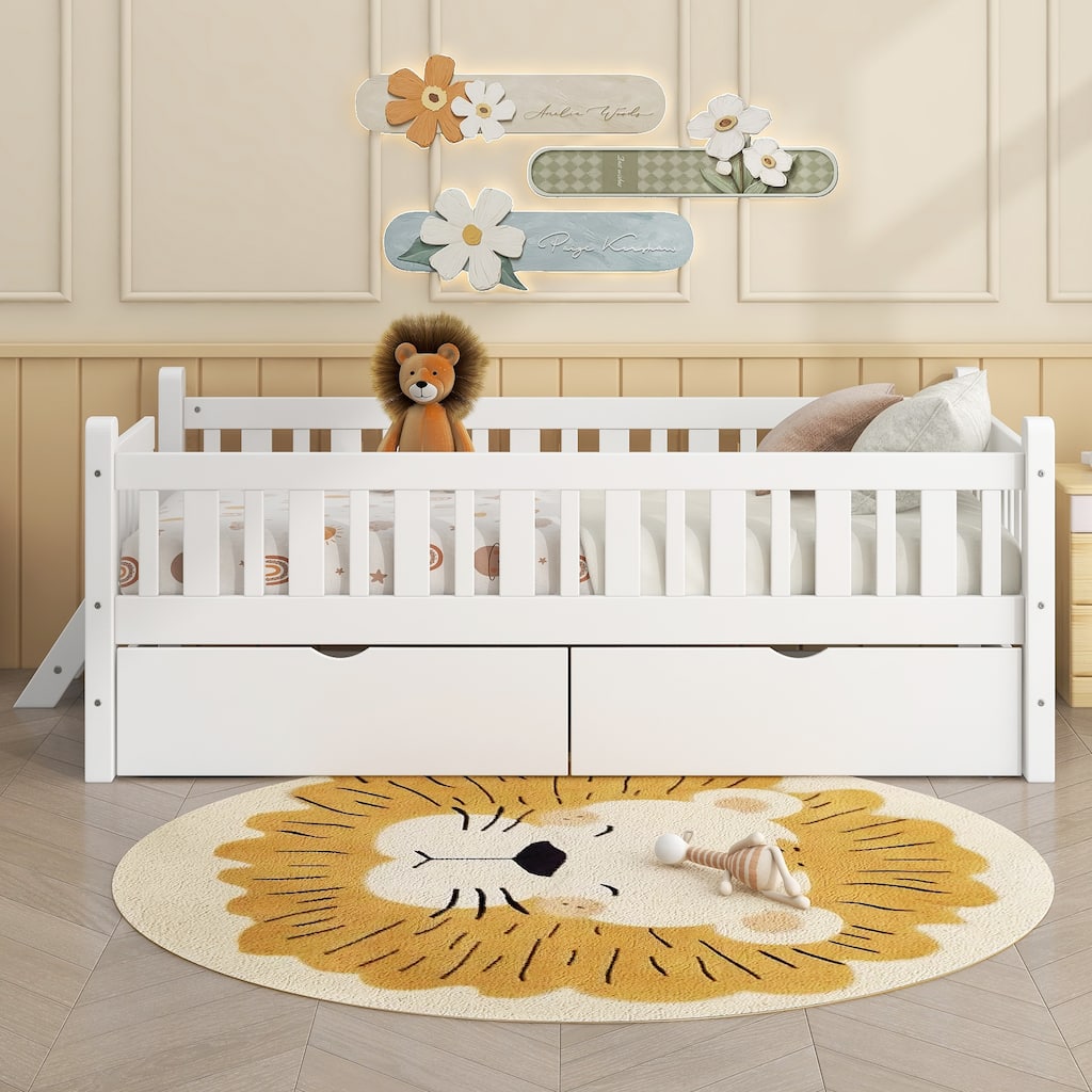 Low Twin Platform with 2 Drawers & Guardrails for Kids Room