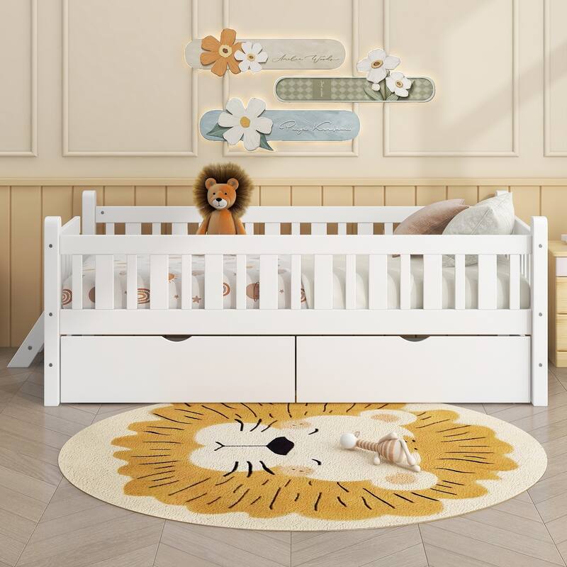Twin Size Platform Bed with 2 Storage Drawers and Guardrail, Montessori Kids Wood Bed, No Box Spring Required - White - Twin