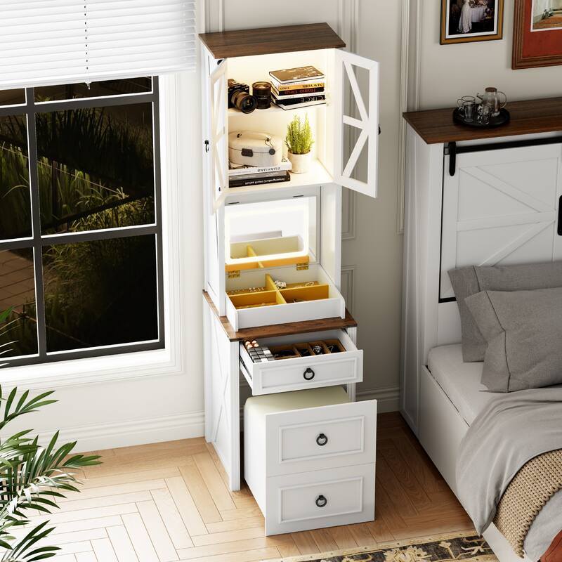 Makeup Vanity with Led Light and Hidden Storage - White