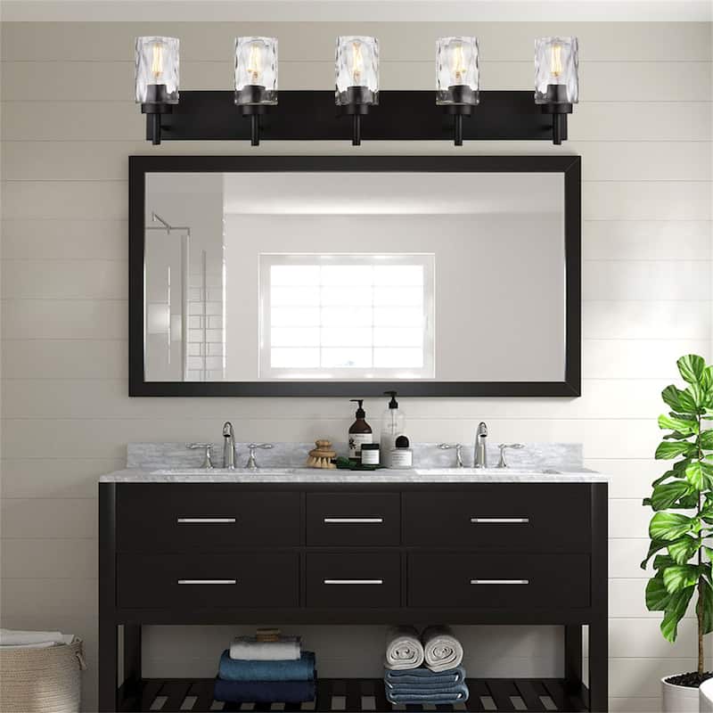 5-Light Black Vanity Light with Hammered Glass - Matte Black