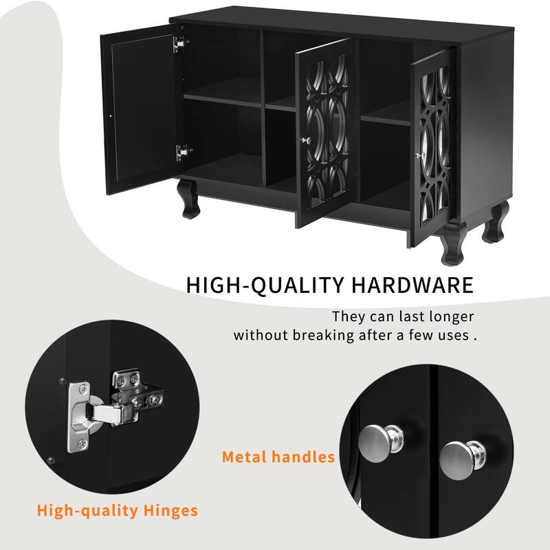 Roomfitters Mirrored TV Stand for up to 55 Inch TV, Modern Entertainment Console with Adjustable Shelves and Metal Handle, Black